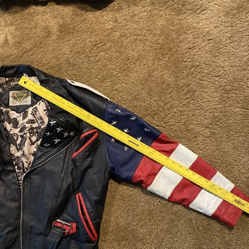 Vintage Phase 2 Leather Jacket Mens Size S American Flag Biker USA Studded Stars - Picture 15 of 16